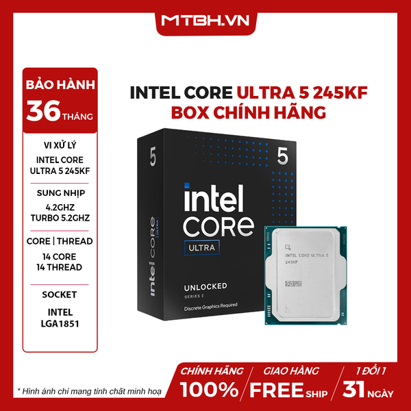 CPU Intel Core Ultra 5 245KF (14 Nhân 14 Luồng, Arrow Lake-S) Box Chính Hãng