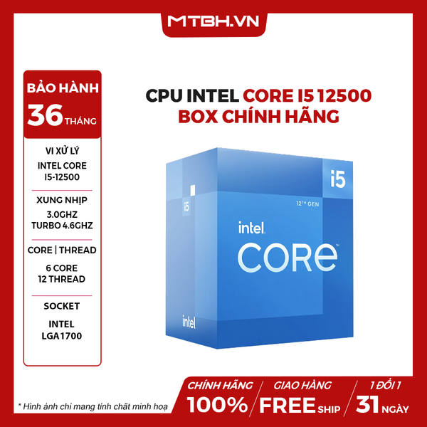 CPU Intel Core i5 12500 (Up To 4.40GHz, 6 Nhân 12 Luồng,18MB Cache, Socket 1700, Alder Lake) 12TH BOX CHÍNH HÃNG