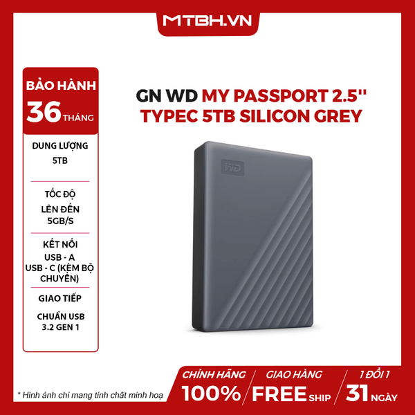 Ổ cứng GN WD My Passport 2.5'' TypeC 5Tb Silicon Grey- WDBRMD0050BGY-WESN