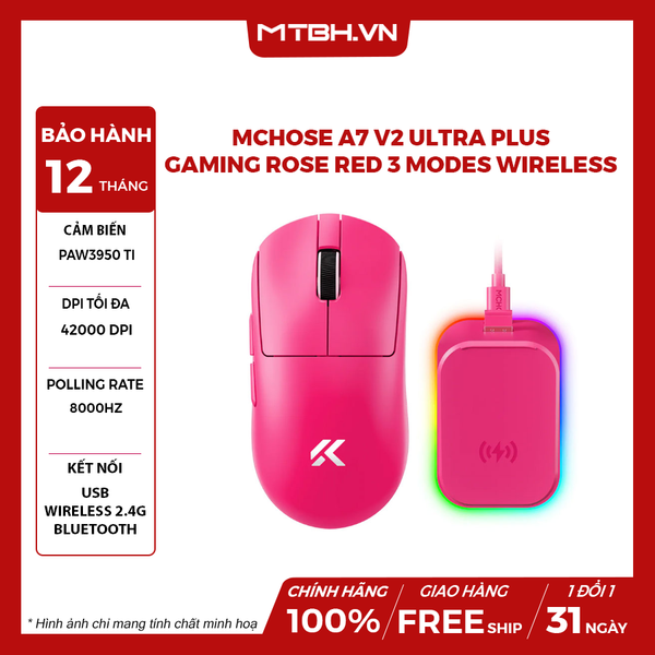 Chuột MCHOSE A7 V2 Ultra Plus Gaming Rose Red 3 Modes Wireless