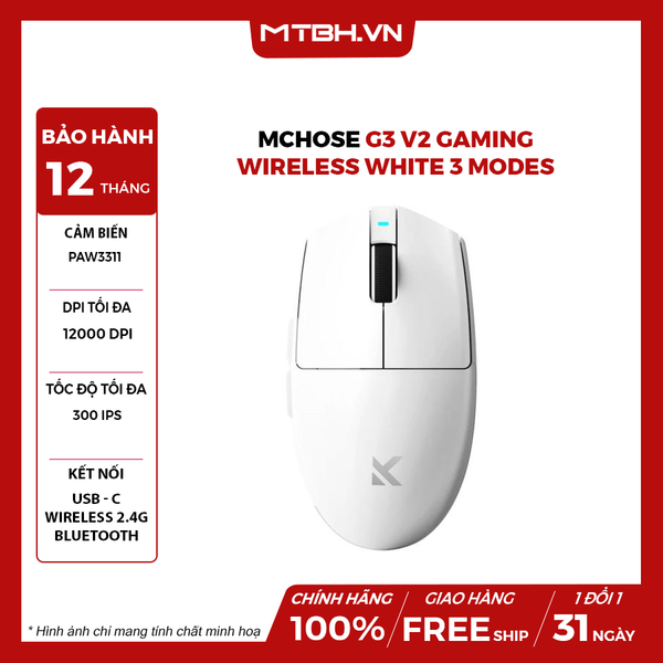 Chuột MCHOSE G3 V2 Gaming Wireless White 3 Modes