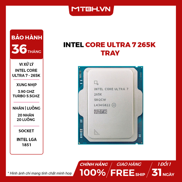 CPU Intel Core Ultra 7 265K (Up 5.5GHz, 20 Nhân 20 Luồng, Arrow Lake-S) TRAY