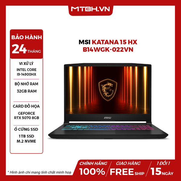 LAPTOP GAMING MSI KATANA 15 HX B14WGK-022VN CORE I9-14900HX | RTX 5070 8GB | 32GB RAM | 1TB SSD | 15.6