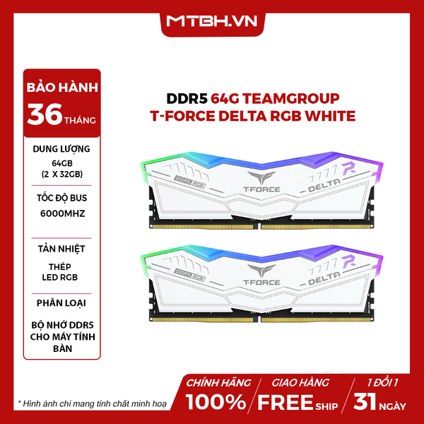 Ram DDR5 64G TEAMGROUP T-Force Delta (2x32GB) 6000MHZ RGB White