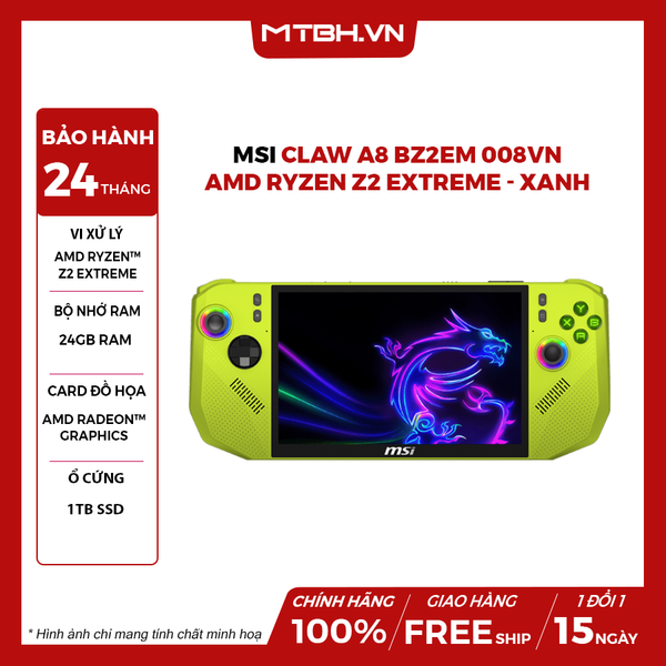 MÁY CHƠI GAME CẦM TAY MSI CLAW A8 BZ2EM 009VN AMD Ryzen Z2 Extreme | 24GB RAM | 1TB SSD | 8.0T_FHD@120Hz/FP/WL/BT/4C80Whr/Win11H - XANH