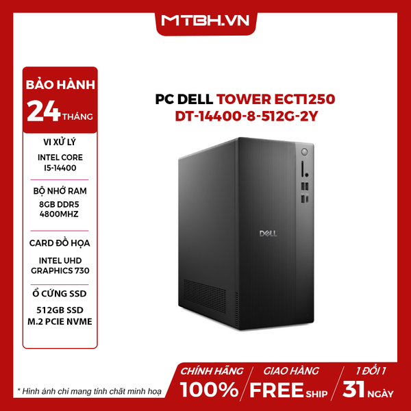 PC Dell Tower ECT1250 - DT-14400-8-512G-2Y (Intel i5-14400 | 1x8GB DDR5 | 512GB SSD | Non DVD | Chuột/ Bàn phím | Win 11)