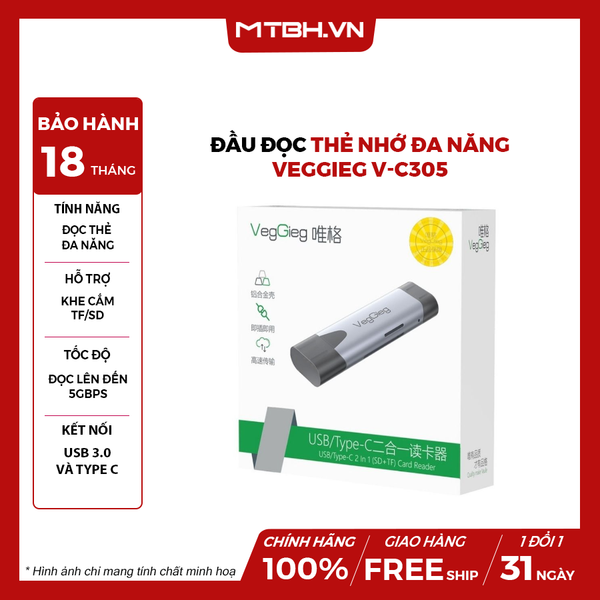 Đầu Đọc Thẻ Nhớ Đa Năng USB/ USB Type C 2 In 1 Hỗ Trợ SD/TF VegGieg V-C305