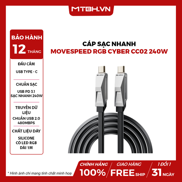 Cáp sạc nhanh Movespeed RGB Cyber CC02 240W | 1M - Bạc Đen