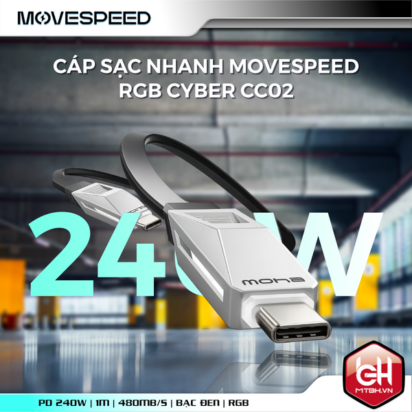 Cáp sạc nhanh Movespeed RGB Cyber CC02 240W | 1M - Bạc Đen