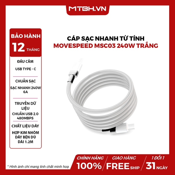 Cáp sạc nhanh từ tính Movespeed MSC03 240W | 1.2M - Trắng