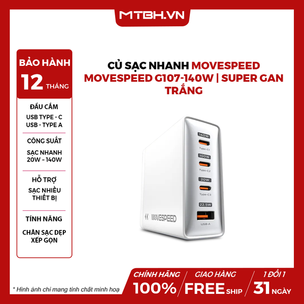 Củ sạc nhanh Movespeed G107-140W | Super GaN | Trắng