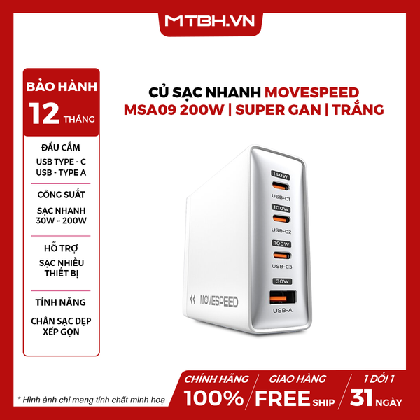 Củ sạc nhanh Movespeed MSA09 200W | Super GaN | Trắng