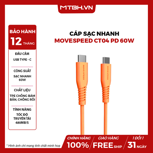 Cáp sạc nhanh Movespeed CT04 PD 60W | 1M | 480MBPS | Cam