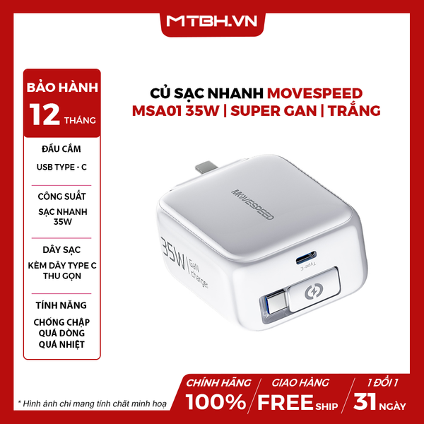 Củ sạc nhanh Movespeed MSA01 35W | Super GaN | Tích hợp Type C | Trắng