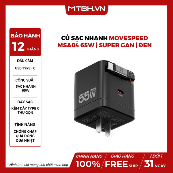 Củ sạc nhanh Movespeed MSA04 65W | Super GaN | Tích hợp Type C | Đen