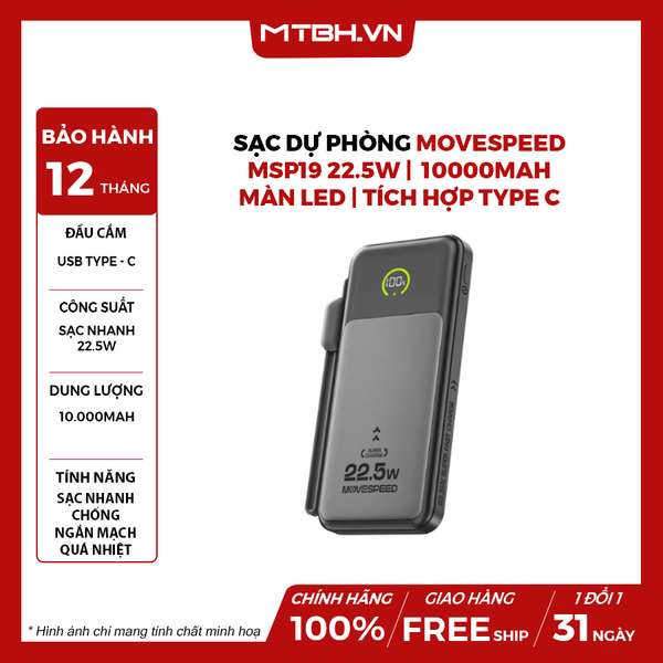 Sạc dự phòng Movespeed MSP19 22.5W | 10000mAh | Màn Led | Tích hợp Type C - Đen