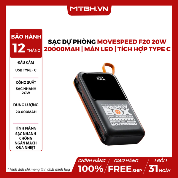 Sạc dự phòng Movespeed F20 20W | 20000mAh | Màn hình LED | Tích hợp Type C