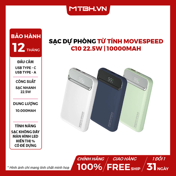 Sạc dự phòng từ tính Movespeed C10 22.5W | 10000mAh | Tích hợp Type C | Đế dựng