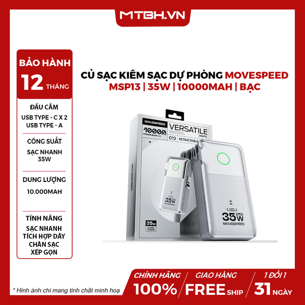Củ sạc kiêm sạc dự phòng 3-in-1 Movespeed MSP13 | 35W | 10000mAh | Bạc