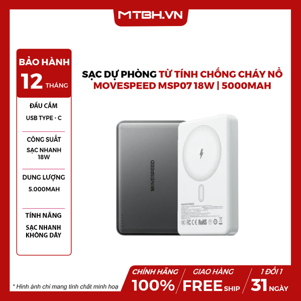 Sạc dự phòng từ tính chống cháy nổ Movespeed MSP07 18W | 5000mAh