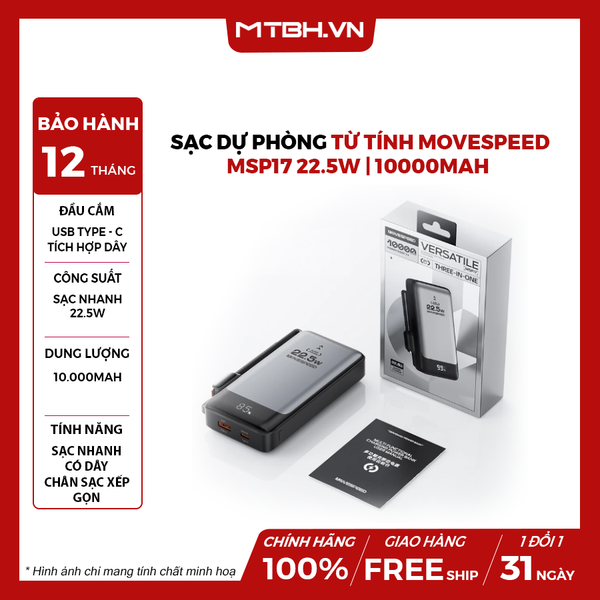 Sạc dự phòng từ tính Movespeed MSP17 22.5W | 10000mAh | Tích hợp Type C | AC Foldable Plug