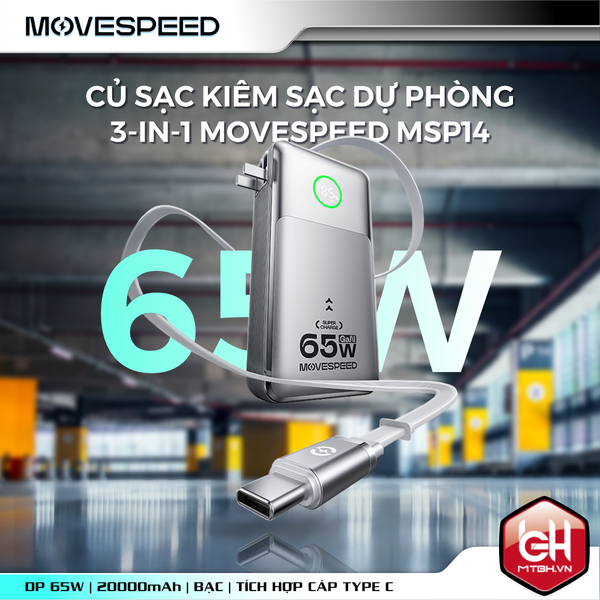 Củ sạc kiêm sạc dự phòng 3-in-1 Movespeed MSP14 | 65W | 20000mAh | Bạc