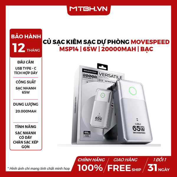Củ sạc kiêm sạc dự phòng 3-in-1 Movespeed MSP14 | 65W | 20000mAh | Bạc