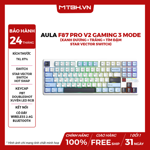 BÀN PHÍM CƠ AULA F87 PRO V2 GAMING 3 MODE (Xanh dương + trắng + tím đậm/ Star Vector switch)