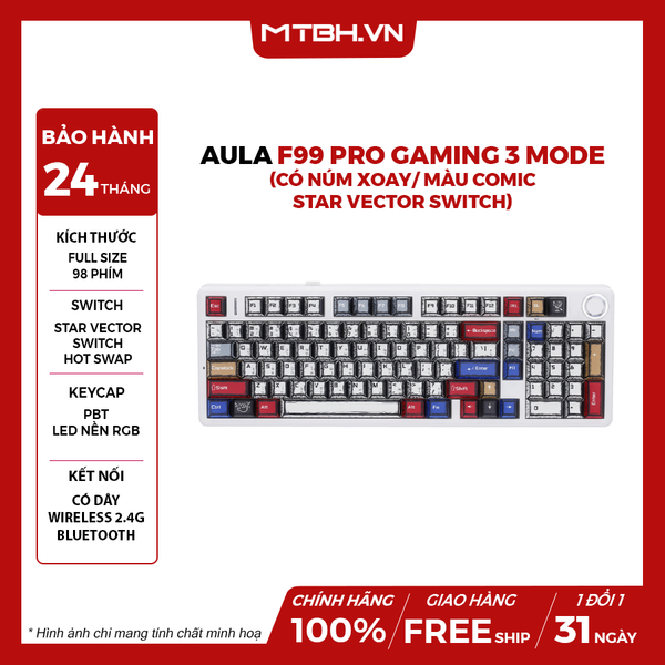 BÀN PHÍM CƠ AULA F99 PRO GAMING 3 MODE (Có núm xoay/ Màu comic/ Star Vector switch)