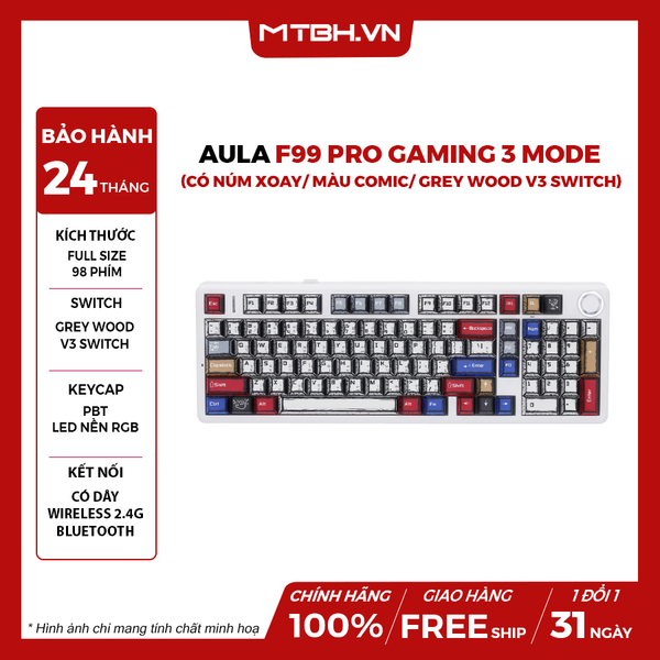 BÀN PHÍM CƠ AULA F99 PRO GAMING 3 MODE (Có núm xoay/ Màu comic/ Grey Wood V3 switch)