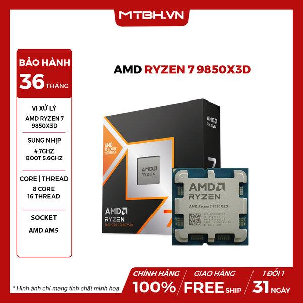 CPU AMD Ryzen 7 9850X3D (Up to 5.2GHz, 12 nhân 24 luồng, 140MB Cache, 120W)