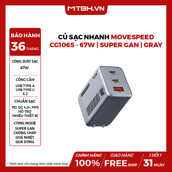 Củ sạc nhanh Movespeed CG106S - 67W | Super GaN | Gray