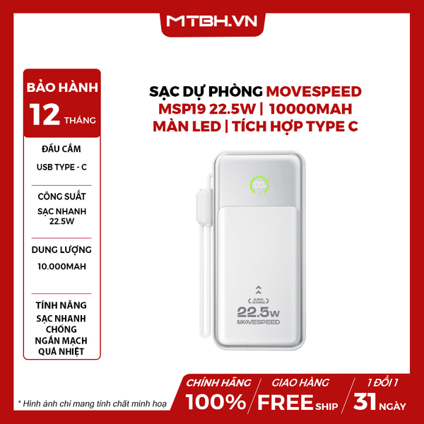 Sạc dự phòng Movespeed MSP19 22.5W | 10000mAh | Màn Led | Tích hợp Type C - Trắng