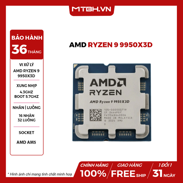 CPU AMD Ryzen 9 9950X3D ( 16 NHÂN 32 LUỒNG / Turbo 5.7 GHz / 144MB / Radeon Graphics ) TRAY