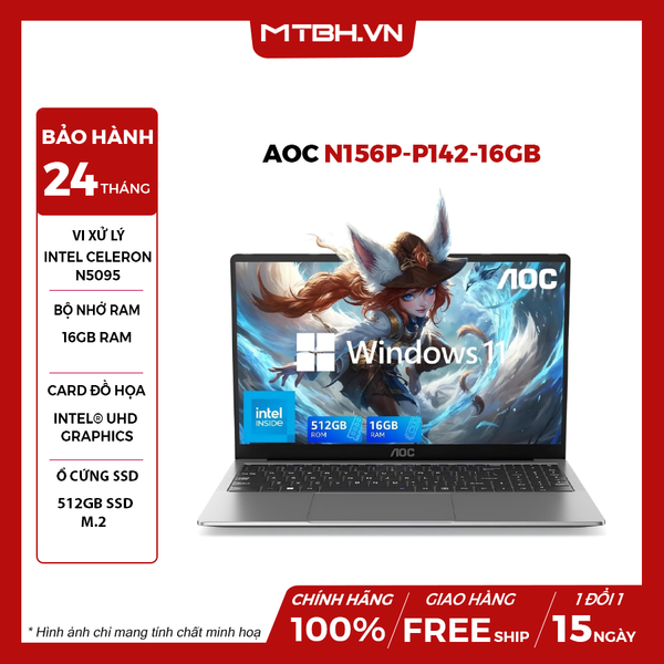 LAPTOP AOC N156P-P142-16GB N5095 | 16GB | 512GB | Intel UHD | 15.6' FHD | Win 11 Pro | Bạc
