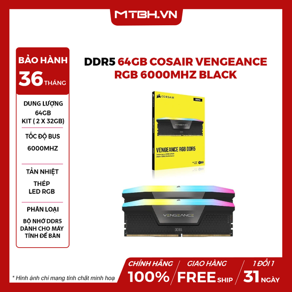 RAM DDR5 64GB COSAIR VENGEANCE RGB (2x32GB) 6000MHz Black