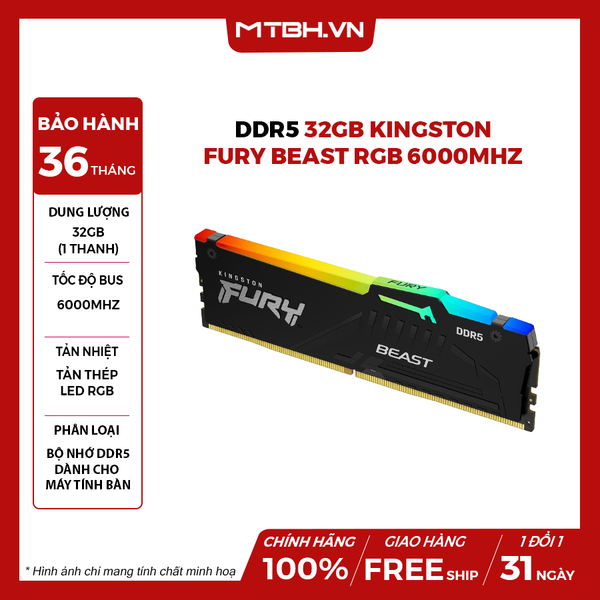 Ram DDR5 32GB Kingston Fury Beast RGB 32Gbx1 6000Mhz