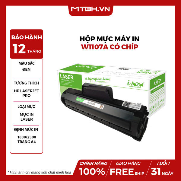 HỘP MỰC MÁY IN W1107A CÓ CHÍP THƯƠNG HIỆU I-AICON