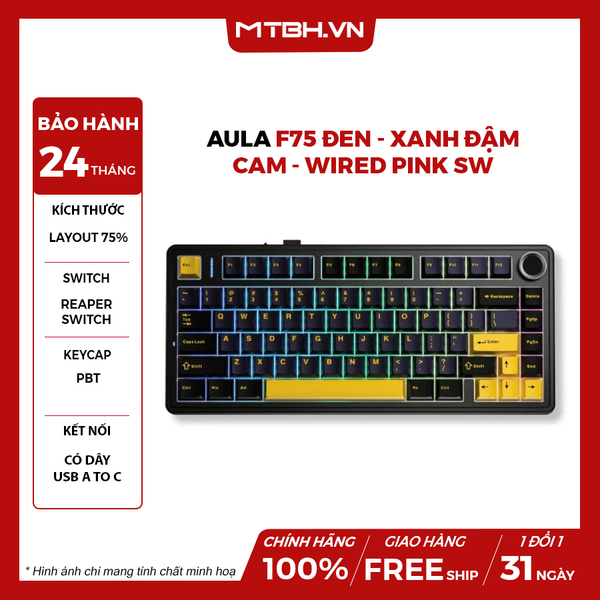 BÀN PHÍM CƠ AULA F75 ĐEN + XANH ĐẬM + CAM WIRED PINK SW