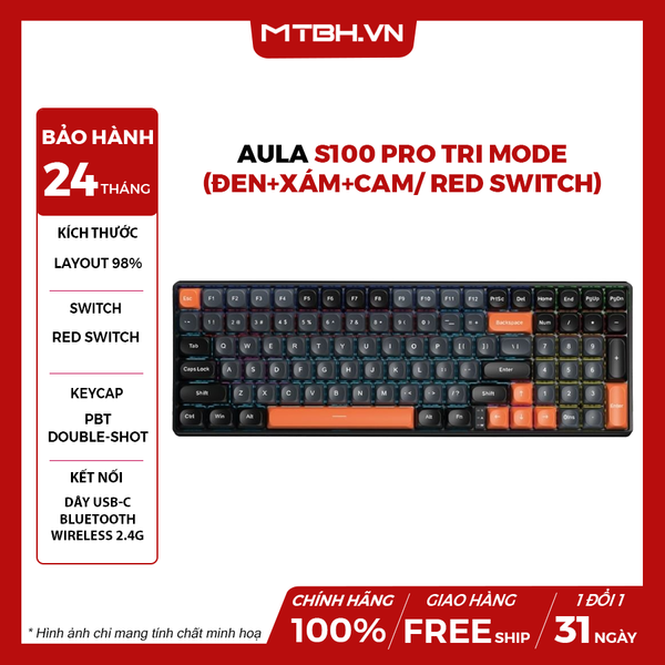 Bàn Phím AULA S100 PRO Tri Mode (Đen+xám+cam/ Red switch)