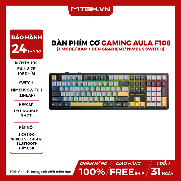 BÀN PHÍM CƠ AULA F108 GAMING 3 MODE ( Đen + xám + vàng/ Nimbus v3 switch)