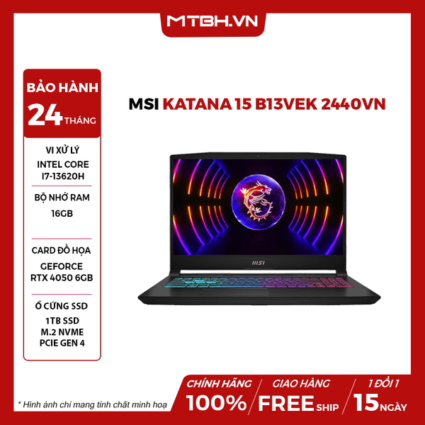 LAPTOP GAMING MSI KATANA 15 B13VEK-2440VN CORE i7-13620H | RTX 4050 6GB | 16GB RAM | 1TB SSD | 15.6' FHD 144Hz | Win 11
