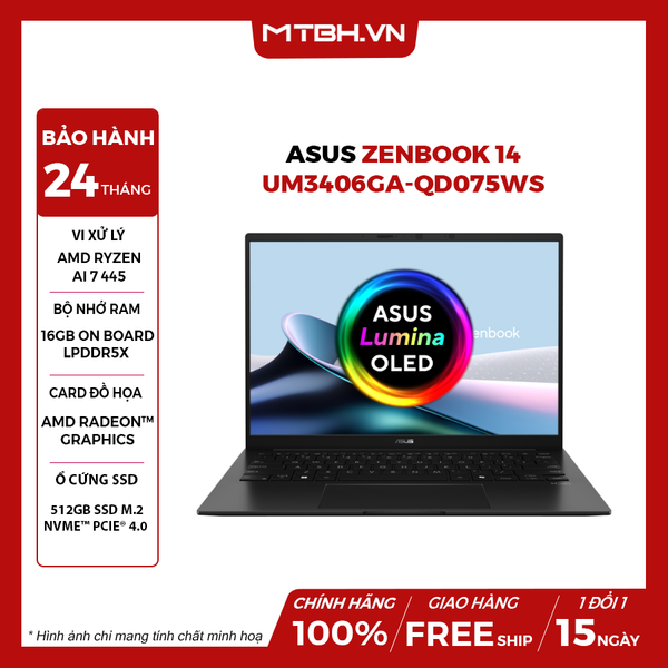 LAPTOP ASUS ZENBOOK 14 UM3406GA-QD075WS Ryzen AI 7 445 | 16GB RAM | 512GB SSD | AMD Radeon | 14' WUXGA OLED | Win 11 + Office