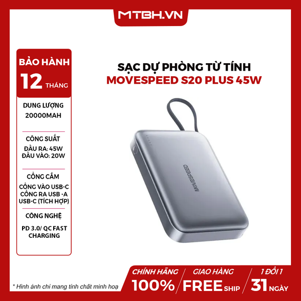 Sạc dự phòng từ tính Movespeed S20 PLUS 45W | 20000mAh | Tích hợp Type C | Xám