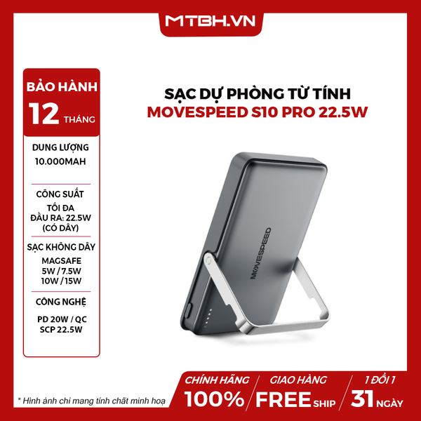 Sạc dự phòng từ tính Movespeed S10 PRO 22.5W | 10.000mAh | Đế dựng | Xám