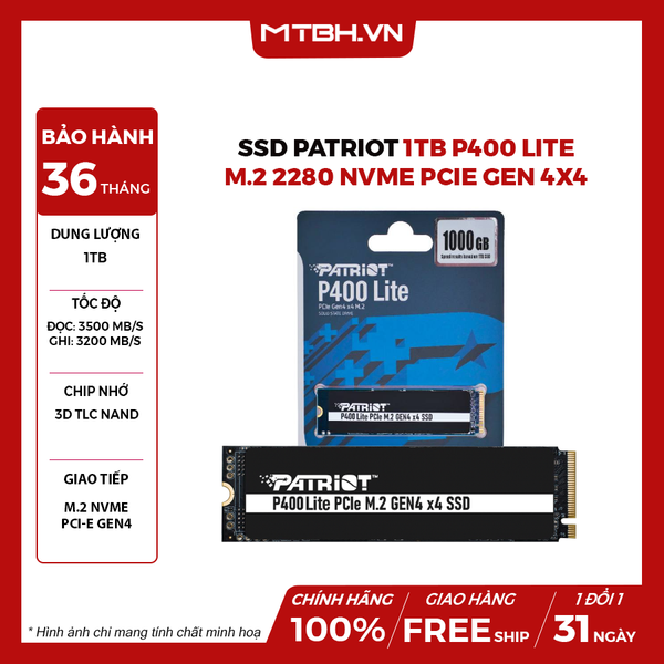 Ssd Patriot 1TB P400 Lite M.2 2280 Nvme Pcie Gen 4X4 (Đọc 3500Mb/s)