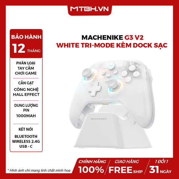 TAY CẦM GAME Machenike G3 v2 White Tri-mode Kèm Dock Sạc