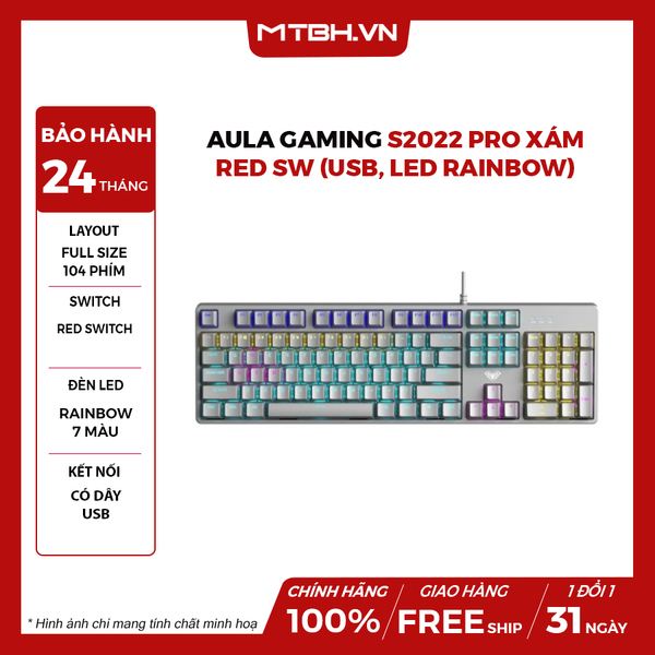 Bàn Phím Cơ AULA Gaming S2022 PRO Xám Red Sw (USB, LED Rainbow)