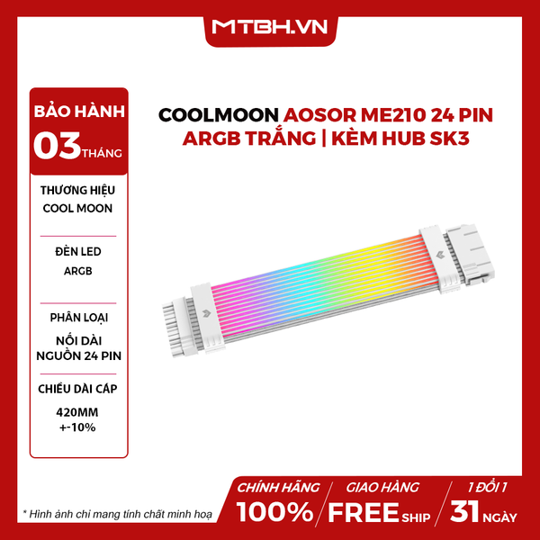Dây cáp nguồn nối dài Coolmoon Aosor ME210 24 pin ARGB - Trắng | Kèm hub SK3