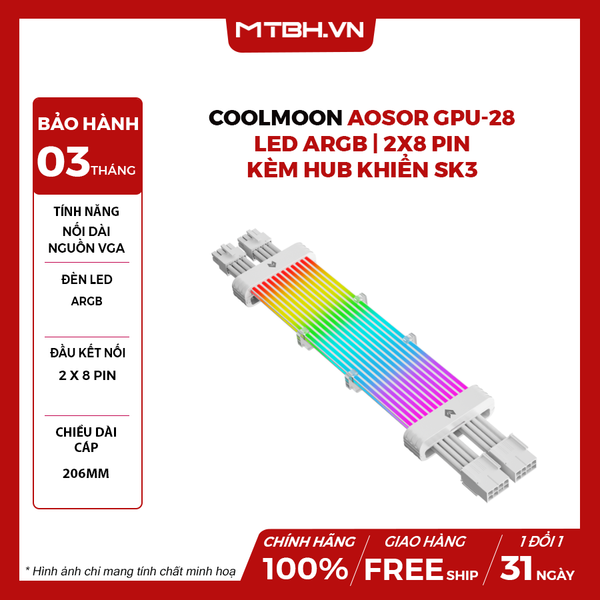 Dây cáp nguồn nối dài Coolmoon Aosor GPU-28 Led ARGB | 2x8 pin, kèm HUB khiển SK3